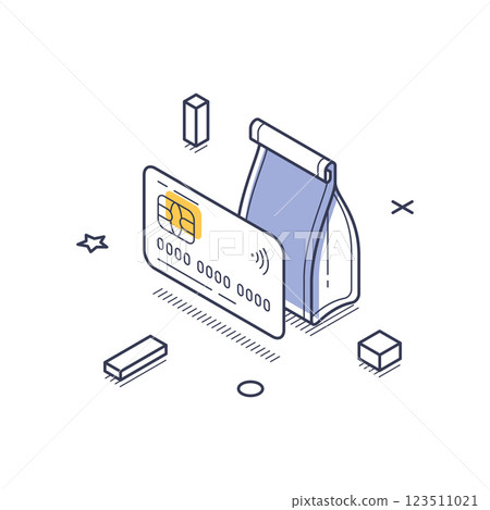 Isometric line art design for food delivery concept using a payment card and delivery bag Isometric line art design for food delivery concept using a payment card and delivery bag 123511021