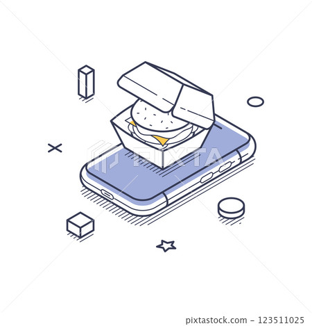 Food delivery service icon illustrating a burger in a takeout box on a smartphone screen Food delivery service icon illustrating a burger in a takeout box on a smartphone screen 123511025