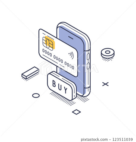Isometric line art icon representing online market shopping with smartphone and payment card Isometric line art icon representing online market shopping with smartphone and payment card 123511039