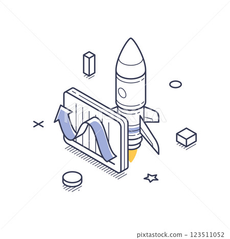 Business startup growth with isometric line art icon representing a rocket launching 123511052