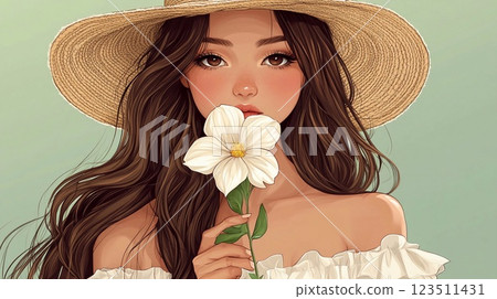 A girl in a hat with a white flower in front of her face. A girl in a hat with a white flower in front of her face. 123511431