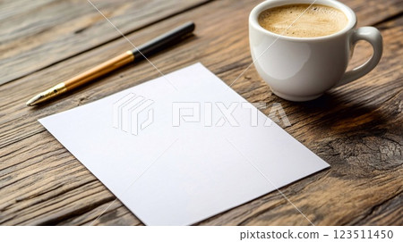 Blank sheet with pen, cup of coffee on wooden table. Blank sheet with pen, cup of coffee on wooden table. 123511450