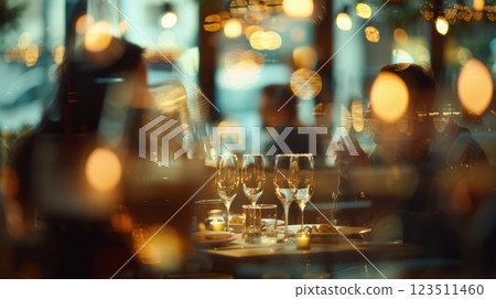 Diners sit in a defocused room immersed in their own conversations and meals 123511460