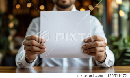 A man holds a white blank sheet of paper in his hands.  A man holds a white blank sheet of paper in his hands.  123511472
