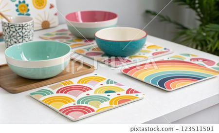 Decorative accents such as colorful ceramic bowls and bright graphic coasters sit playfully atop the pristine surfaces celebrating creativity and inviting a cheerful ambiance. 123511501