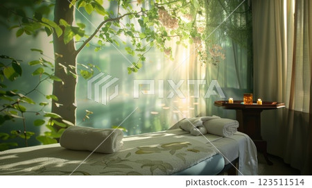 Spa treatment room decorated with calming nature scene wallpaper 123511514