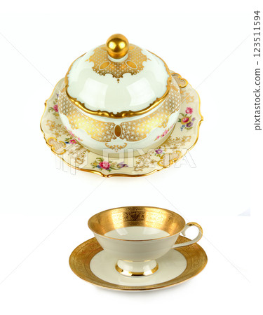 Vintage porcelain candy bowl ,cup and saucer isolated on white background. Collage. 123511594