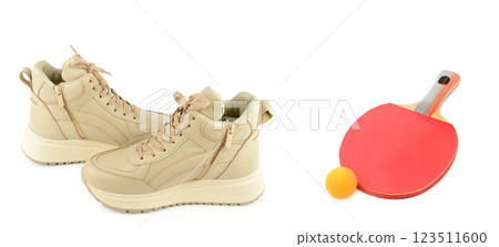 Sports shoes and equipment for table tennis (ping pong) isolated on white background. 123511600