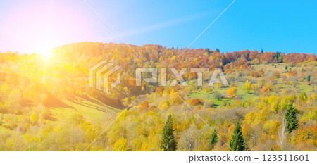Picturesque autumn landscape with mountain ranges and deciduous forests. Carpathian Mountains, Ukraine. Wide photo. Wide photo. 123511601