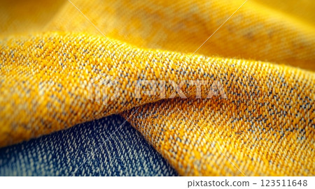 Close-Up of Yellow and Blue Woven Textured Fabric 123511648