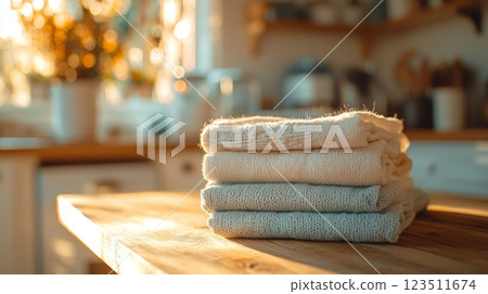 Stack of folded linens in cozy kitchen Stack of folded linens in cozy kitchen 123511674