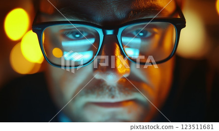 Focused man with glasses in glowing light 123511681