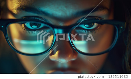 Intense gaze through glasses with glowing reflection 123511683
