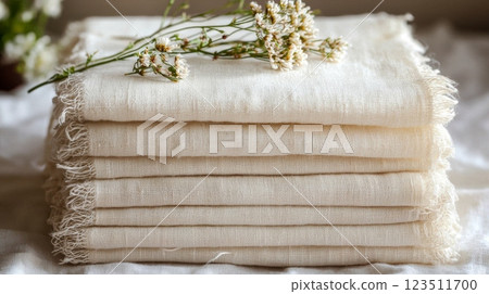 Stack of Cream Gauze Fabrics with Flowers Stack of Cream Gauze Fabrics with Flowers 123511700