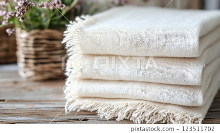 Stack of Cream Gauze Fabrics with Rustic Decor 123511702