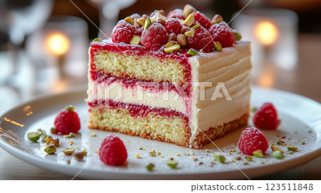 A vibrant pistachio cake, with a moist vanilla cream and raspberry sauce. 123511848