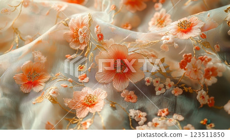 Embroidered Sheer Fabric with Orange Blossoms 123511850