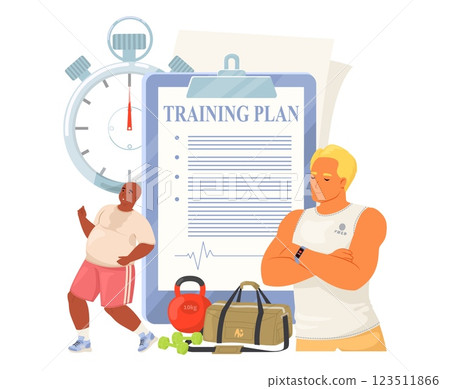 Two individuals are participating in a fitness routine with a detailed training plan. One is actively exercising while the other observes, highlighting a commitment to health 123511866