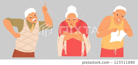 An elderly couple engages in a lively discussion, displaying strong emotions. The man gestures assertively while the woman appears frustrated, creating a dynamic interaction between them 123511890