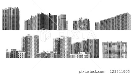Architecture set featuring modern high-rise residential buildings with concrete facades in an urban 123511905