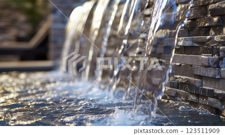 Water cascading from a stone fountain wall 123511909