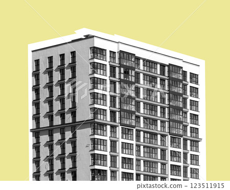 Modern architecture building in a city. Tall high-rise condominium with gray exterior, windows, and Modern architecture building in a city. Tall high-rise condominium with gray exterior, windows, and 123511915