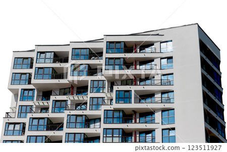 Modern architecture of a multi-story condominium in the city. Concrete facade with balconies, 123511927