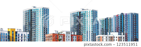 Modern high-rise condominium building in downtown city. Residential property with a sleek facade, Modern high-rise condominium building in downtown city. Residential property with a sleek facade, 123511951