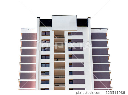 Tall, modern multistory condominium building with residential facade. Concrete structure with large 123511986