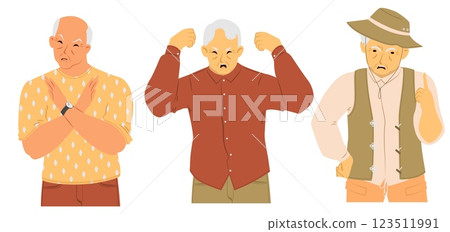 An elderly man displays anger through his posture and gestures, showcasing frustration. He is dressed in a casual outfit, highlighting his aged appearance and intense emotions 123511991
