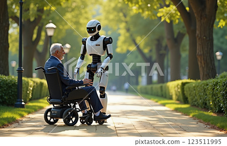 An elderly man sitting in a wheelchair engages thoughtfully with a humanoid robot in a peaceful, serene park AI-generated item 123511995