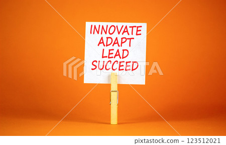 Innovate adapt lead succeed symbol. Concept words Innovate Adapt Lead Succeed on beautiful white paper. Beautiful orange background. Business innovate adapt lead succeed concept. Copy space. Innovate adapt lead succeed symbol. Concept words Innovate Adapt Lead Succeed on beautiful white paper. Beautiful orange background. Business innovate adapt lead succeed concept. Copy space. 123512021