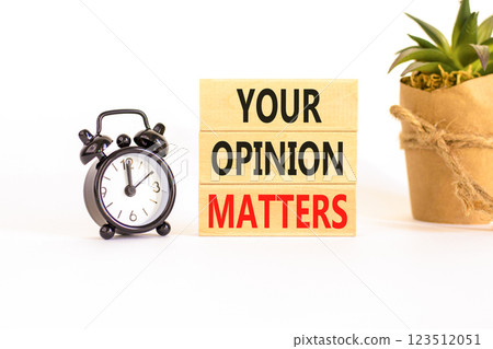 Your opinion matters symbol. Concept words Your opinion matters on beautiful wooden blocks. Beautiful white background. Black alarm clock. Business your opinion matters concept. Copy space. Your opinion matters symbol. Concept words Your opinion matters on beautiful wooden blocks. Beautiful white background. Black alarm clock. Business your opinion matters concept. Copy space. 123512051