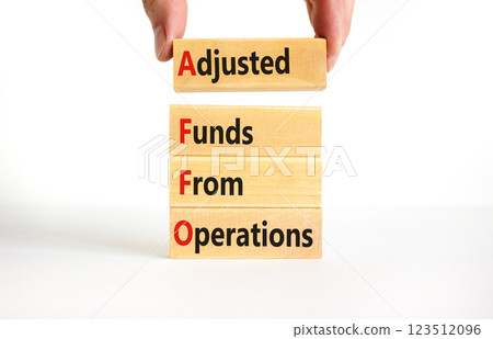 AFFO symbol. Concept word AFFO Adjusted Funds From Operations on beautiful wooden blocks. Beautiful white background. Business AFFO Adjusted Funds From Operations concept. Copy space. 123512096