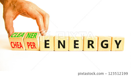 Cleaner or cheaper energy symbol. Concept words Cleaner energy Cheaper energy on beautiful wooden blocks. Beautiful white background. Business Cleaner or cheaper energy concept. Copy space. Cleaner or cheaper energy symbol. Concept words Cleaner energy Cheaper energy on beautiful wooden blocks. Beautiful white background. Business Cleaner or cheaper energy concept. Copy space. 123512199