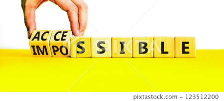 Accessible or impossible symbol. Concept words Accessible or Impossible on beautiful wooden blocks. Beautiful yellow table white background. Business accessible or impossible concept. Copy space. Accessible or impossible symbol. Concept words Accessible or Impossible on beautiful wooden blocks. Beautiful yellow table white background. Business accessible or impossible concept. Copy space. 123512200