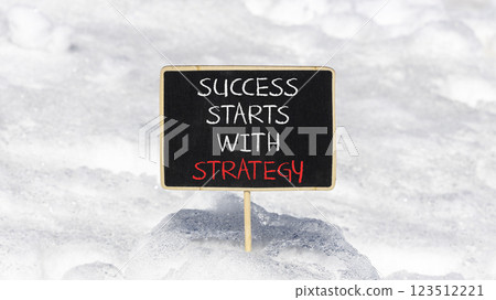 Success starts with strategy symbol. Concept words Success starts with strategy on beautiful blackboard. Beautiful snow background. Business and success starts with strategy concept. Copy space. 123512221