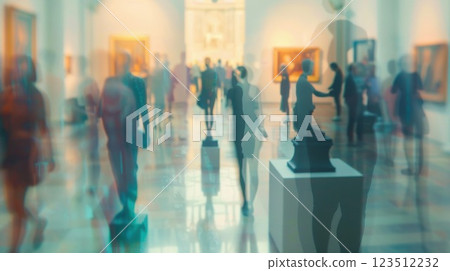 Fuzzy outlines of sculptures and people merge together in a defocused view of an art exhibition 123512232