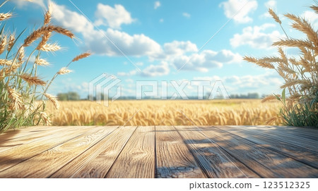 There are two golden wheat ears on the wooden floor, with a wheat field and blue sky.  123512325