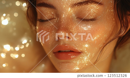 The model with her eyes closed and transparent golden liquid covering her entire face. 123512326