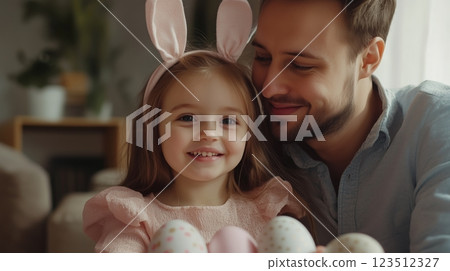 Happy family with a cute little daughter wearing bunny ears. 123512327