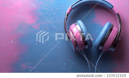 Headphones with soft ear cushions, lying neatly on a pastel pink surface. 123512328