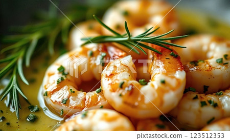 Mediterranean-Style Herb-Infused Garlic Butter Shrimp with Fresh Rosemary and Fine Herbs in a Savory Pan Sauce Mediterranean-Style Herb-Infused Garlic Butter Shrimp with Fresh Rosemary and Fine Herbs in a Savory Pan Sauce 123512353
