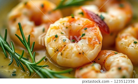 Mediterranean-Style Herb-Infused Garlic Butter Shrimp with Fresh Rosemary and Fine Herbs in a Savory Pan Sauce 123512356