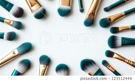 Cosmetic brushes frame, placed in random order, on a white background. 123512449