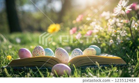 An open book with Easter eggs on the grass, flowers in the background.	 123512484