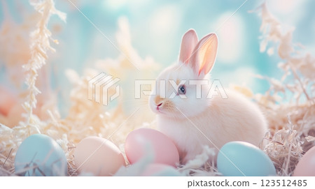 Cute little bunny with pastel-colored Easter eggs.	 123512485