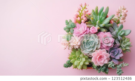 From above, cactus succulents in a planter, with color background.  123512486