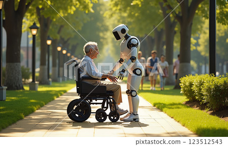 A warm and compassionate interaction takes place between a helpful robot and an elderly person in a serene park AI-generated item 123512543
