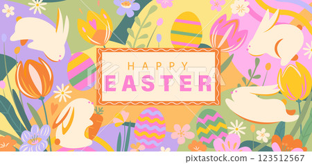 Banner for Happy Easter with symbols of holiday Banner for Happy Easter with symbols of holiday 123512567